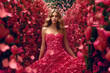 A beautiful young woman in a rose petals dress surrounded by roses and rose petals. Generative AI