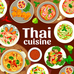 Sticker - Thai cuisine menu cover page template. Battered prawns, salad with soybean sprouts and fish soup, beef and vegetable stir fry, Panang curry, seafood shrimp and vegetable and fruit salads