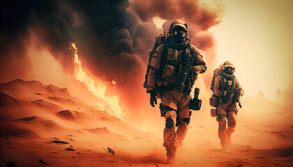 Wall Mural - Military special forces soldiers crosses destroyed warzone through fire and smoke in the desert. Generate Ai.