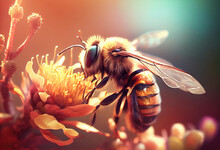Bee Collects Nectar On A Sunny Day, Wild Insect Life. Generate Ai.