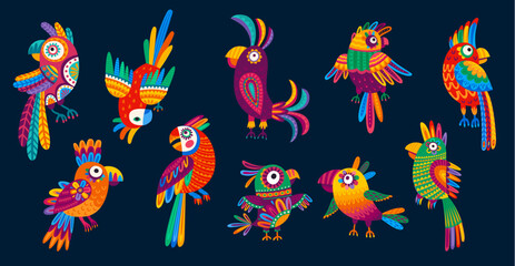 Cartoon Mexican and Brazilian parrots, kids funny bird characters, vector ornament pattern. Mexico or Brazil parrot birds with folk ethnic ornament or Latin alebrije art in colorful tropical birds