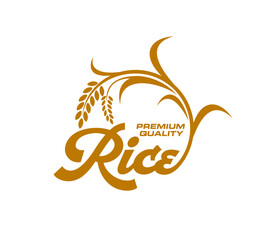 Canvas Print - Rice icon, organic natural food and package label, vector bio product symbol. Premium quality natural cereals or rice ear and stalk brown silhouette sign for farm food store or rice packaging