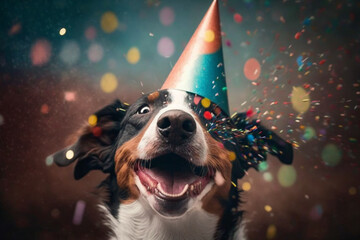 Wall Mural - Cute dog with a party hat celebrating her birthday, confetti falling. Generate Ai