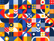 © Vector Tradition - Bauhaus modern geometric pattern with vector color shapes. Abstract background of squares, circles, triangles and round lines, dots and floral elements. Bauhaus pattern for interior decor and posters