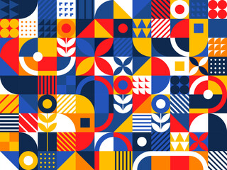 bauhaus modern geometric pattern with vector color shapes. abstract background of squares, circles, 