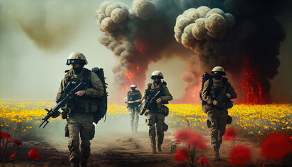 Wall Mural - Military special forces soldiers crosses destroyed warzone through fire and smoke in a spring flower field Generate Ai.