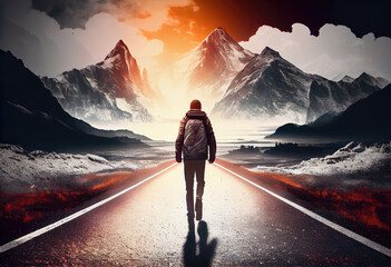 Wall Mural - Young man goes on the road to the distance, the path to success. Generate Ai.