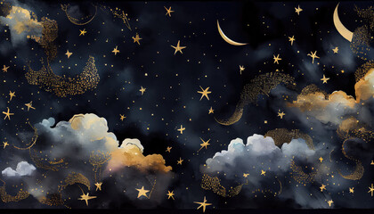 seamless pattern of the night sky with gold foil constellations stars and clouds watercolor. generat