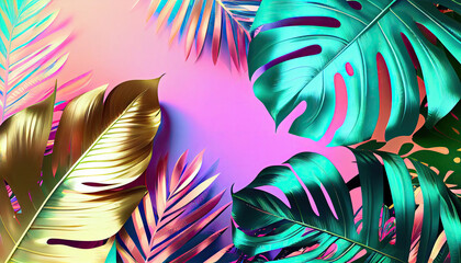 Wall Mural - Tropical and palm leaves in bright bold holographic colors. Generate Ai.