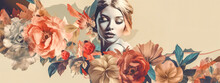 Pretty Retro Woman With Flowers, Collage Style Banner With Copy Space, Made With Generative AI