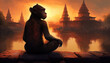 Monkey yogi sits with his back in the lotus position. Generate Ai.
