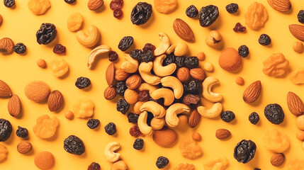 Wall Mural - Nuts and dried fruits on a yellow background, generative AI.