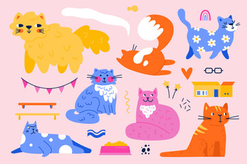 Big fun set of cat characters. Cats vector illustration