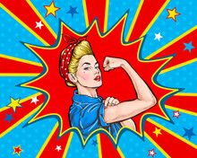 We Can Do It. Girl Power Advertising Poster. Pop Art Woman Showing Her Biceps. 