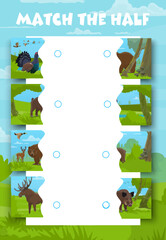 Sticker - Match the half of forest hunting animals. Piece connect game, figure fragment search vector quiz or objects parts matching worksheet with grouse bird, grizzly bear, boar and elk, moose, deer, duck