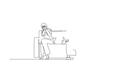 Wall Mural - Animated self drawing of continuous line draw sad Arabian husband wife sitting on couch, keeping silence after quarrel at home. Problems in communication and fight. Full length single line animation