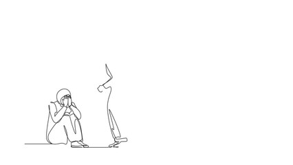 Wall Mural - Animated self drawing of continuous one line draw Arab female afraid of husband, domestic violence. Man beating wife, quarreling couple. Emotional personages arguing. Full length single line animation