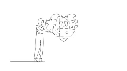 Wall Mural - Animated self drawing of continuous line draw Arab loving couple standing and forming huge heart puzzle from pieces together. Love togetherness and romance concept. Full length one line animation