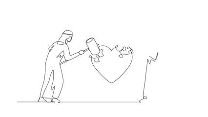 Poster - Animated self drawing of continuous one line draw angry Arab couple husband wife using big hammer to hit broken heart shape. Divorce, violence in broken relationship. Full length single line animation