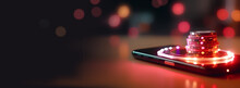 Online Casino Banner. Smartphone With Playing Chips On Table On Blurred Neon Background With Bokeh Effect. Internet Gambling Concept. Banner Size, Copy Space. Generative Ai
