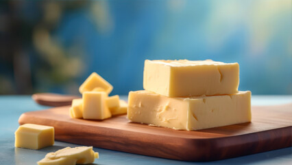 Pieces of cheese on cutting board on table in kitchen, closeup generative ai