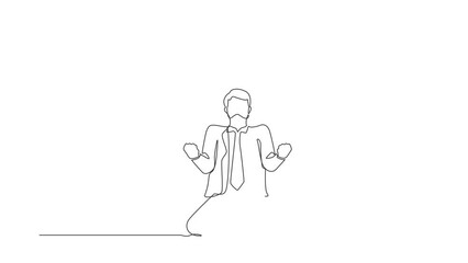 Canvas Print - Self drawing animation of single line draw businessman kneeling with both hands do gesture yes. Manager celebrating success of increasing company's product. Continuous line draw. Full length animated