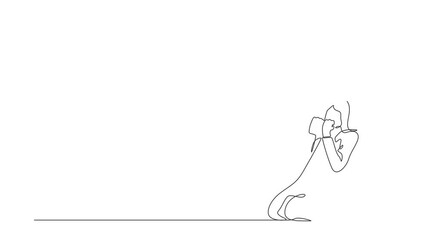 Canvas Print - Self drawing animation of single one line draw Arab businessman kneeling with gesture of both hands yes. Salesman celebrates salary increase from company. Continuous line draw. Full length animated