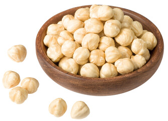 Sticker - Hazelnuts in the wooden bowl, isolated on the white background.