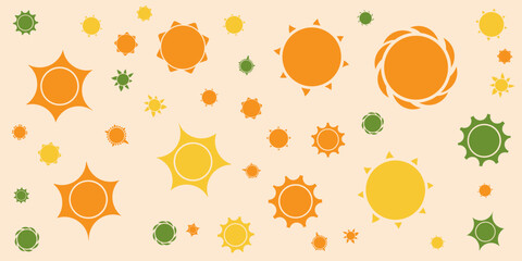 Wall Mural - lots of orange, green, brown flowers or sun symbols of various sizes and shapes - vintage style text