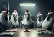 Chickens on the board of directors of a large corporation. Sitting in armchairs in a trendy office. AI generated