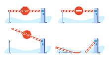 Set Of Open And Closed Barriers With Stop Sign And Passage Closed. Entrance To Private Property. Broken Gate. Restricted Road Warning Information For Driver. Cartoon Flat Isolated Vector Set