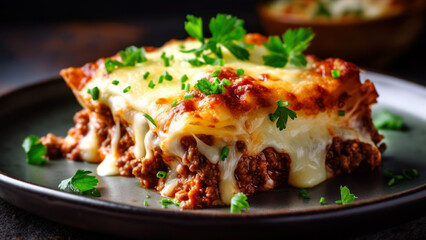 Baked lasagna with minced meat, cheese and fresh parsley generative ai