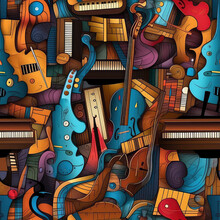 Musical Instruments Seamless Repeat Pattern - Fantasy Colorful Cubism, Abstract Art, Trippy Psychedelic [Generative AI]
