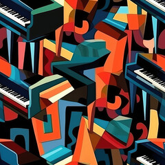 Musical instruments seamless repeat pattern - fantasy colorful cubism, abstract art, trippy psychedelic [Generative AI]
