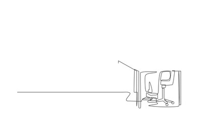 Wall Mural - Self drawing animation of single line draw exhausted Arab female manager in office sad sitting with head down on laptop. Frustrated worker mental health problems. Continuous line. Full length animated