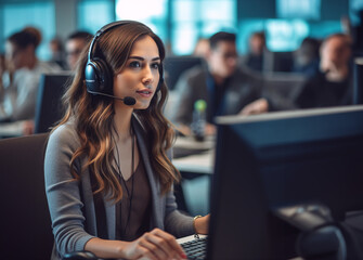 Beautiful long haired brunette woman with headset working in call center.