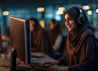 Beautiful young Arab woman wearing abaya and headset working in a call center.