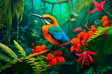 fantasy tropical bird in a rainforest, vibrant illustration, ai generated