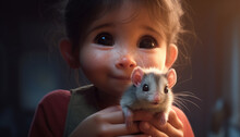 A Joyful Child Holds A Hand Mouse Against The Background Of His Face, A Close-up Portrait With A Hamster. Generative AI