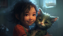 The Child Is Hugging With A Gray Striped Cute Kitten In Her Arms, The Cat Is A Pet. Generative AI