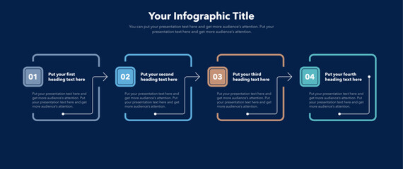 Aufkleber - Rectangular process infographic template with four steps - dark version. SImple chart design for workflow layout, diagram, banner, web design.