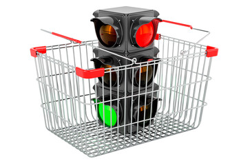 Canvas Print - Traffic light inside shopping basket, 3D rendering