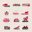 Made in Poland set. Wyprodukowano w Polsce. Simple icon. Logos, labels, stickers, pointer, badge, symbol and page curl with Poland flag icon on design element. Collection vector illustration.