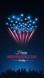 Banner 4th of july usa independence day, poster with colorful fireworks on dark sky background. Fourth of july, American national holiday. USA flag fireworks over cityscape. Vector illustration
