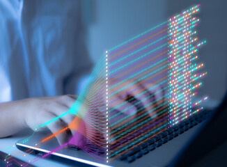 Business analytics, finance, neural network, AI,Big data technology and data science. Data scientist querying, analysing and visualizing complex data set on virtual screen. Data flow concept.