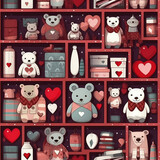 Fototapeta Pokój dzieciecy - Teddy bears and hearts seamless repeat pattern cartoon - fantasy colorful cubism, abstract art [Generative AI]
