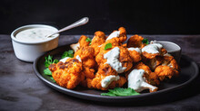 A Plate Of Crispy Cauliflower Wings With A Side Of Vegan Ranch Dressing - Generative AI