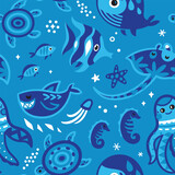 Fototapeta  - Marine seamless pattern with cute creatures