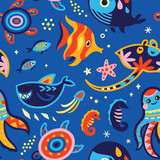 Fototapeta  - Marine seamless pattern with cute creatures in bright colours