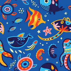 Wall Mural - Marine seamless pattern with cute creatures in bright colours